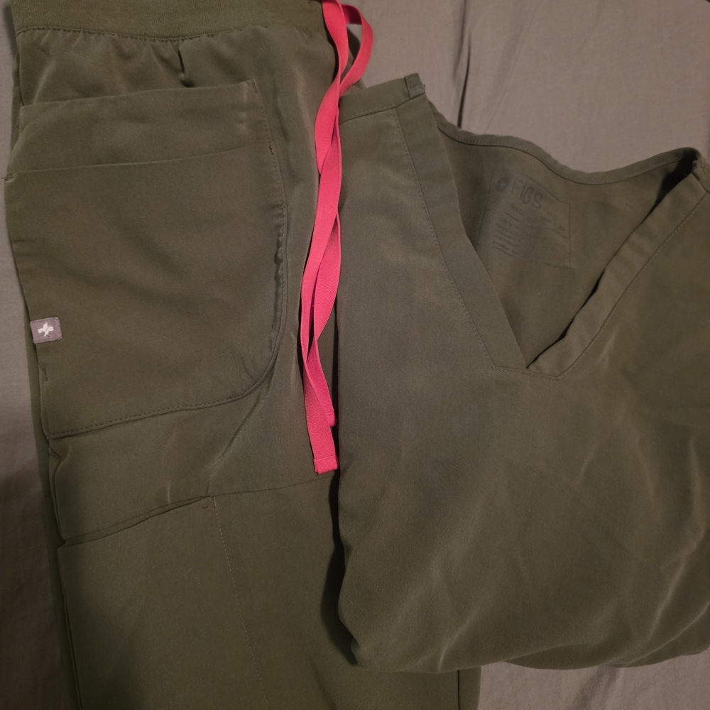 Figs Olive Green Scrub Set with Pink Accents